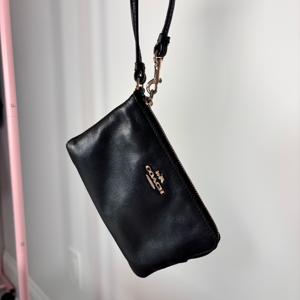 Coach Black Leather Wristlet with Gold Accents